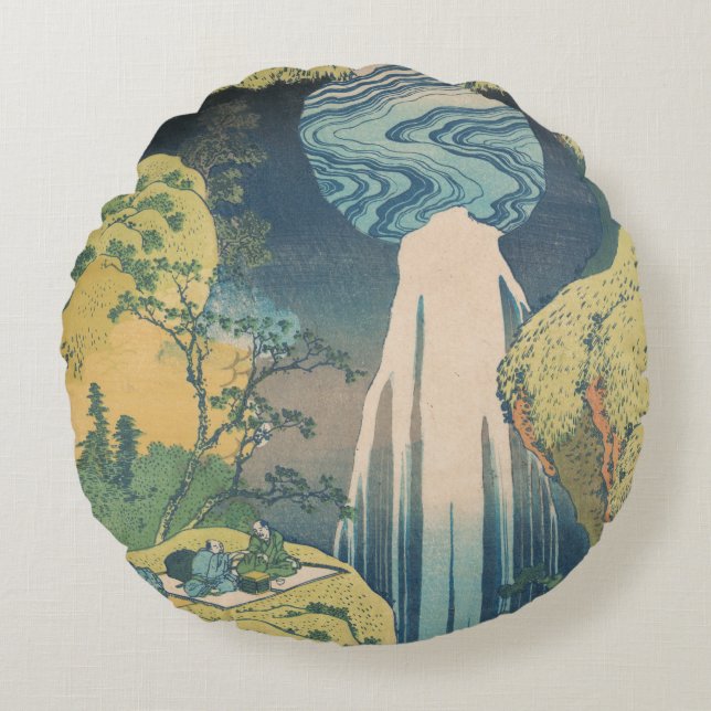 Hokusai Amida Falls Japan Waterfall  Round Cushion (Front)