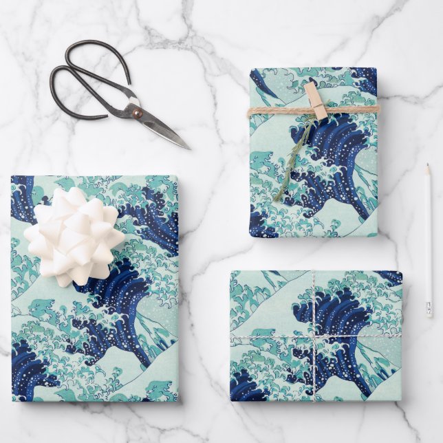 Hokusai Blue Waves Pattern Wrapping Paper Sheet (Front)