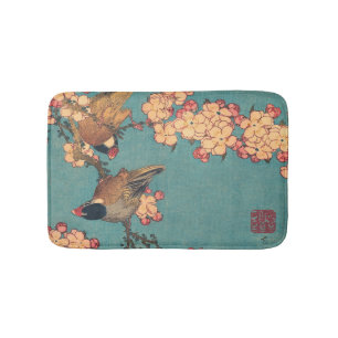 Hokusai Bullfinch and Cherry Blossom Vintage Bird Bath Mat