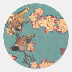 Hokusai Bullfinch and Cherry Blossom Vintage Bird Classic Round Sticker