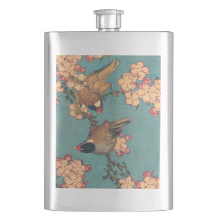 Hokusai Bullfinch and Cherry Blossom Vintage Bird Hip Flask