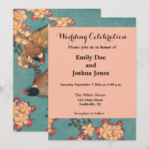 Hokusai Bullfinch and Cherry Blossom Vintage Bird Invitation