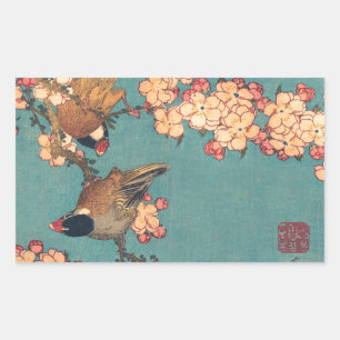 Hokusai Bullfinch and Cherry Blossom Vintage Bird Rectangular Sticker