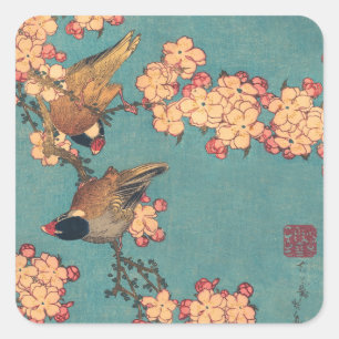 Hokusai Bullfinch and Cherry Blossom Vintage Bird Square Sticker