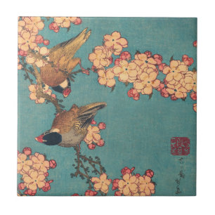 Hokusai Bullfinch and Cherry Blossom Vintage Bird Tile
