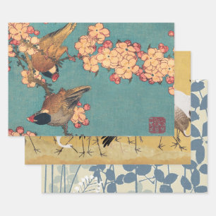 Hokusai Bullfinch and Cherry Blossom Vintage Bird Wrapping Paper Sheet