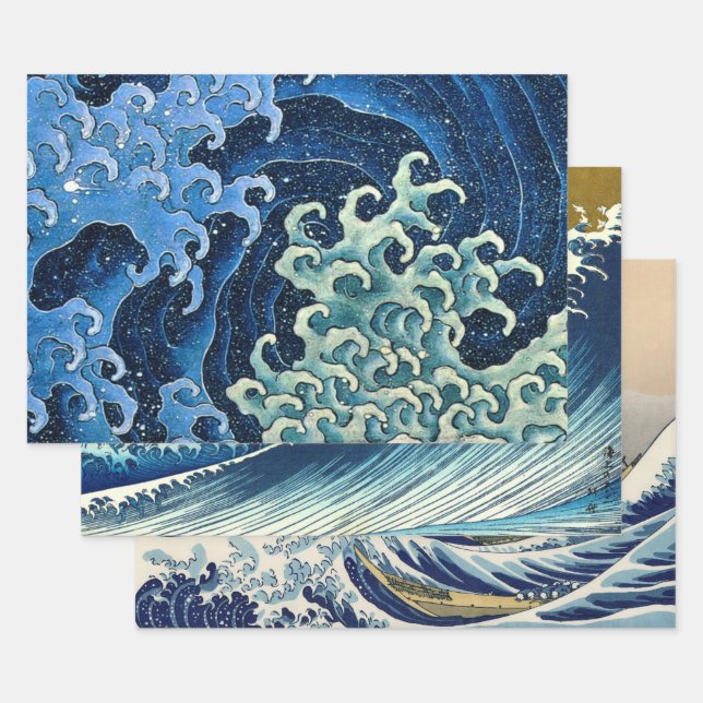 Hokusai Feminine Wave Vintage Ocean  Wrapping Paper Sheet (Set)