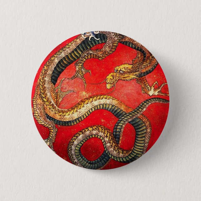 Hokusai Gold Japanese Dragon Button (Front)