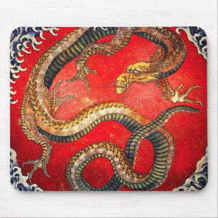 Hokusai Gold Japanese Dragon Mouse Pad