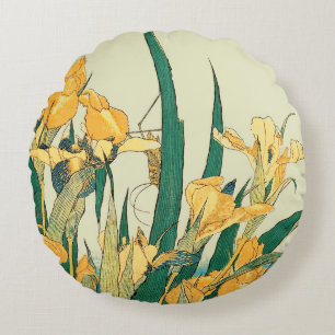 Hokusai grasshopper and iris Japan Round Cushion