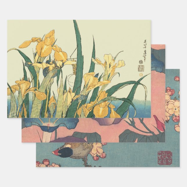 Hokusai grasshopper and iris Japan Wrapping Paper Sheet (Set)