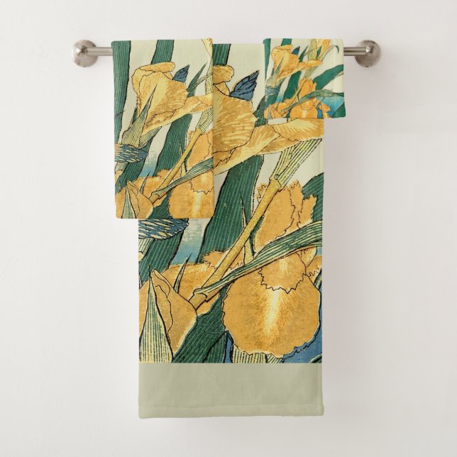 Hokusai Grasshopper Iris Vintage Print: Japanese Bath Towel Set (Insitu)