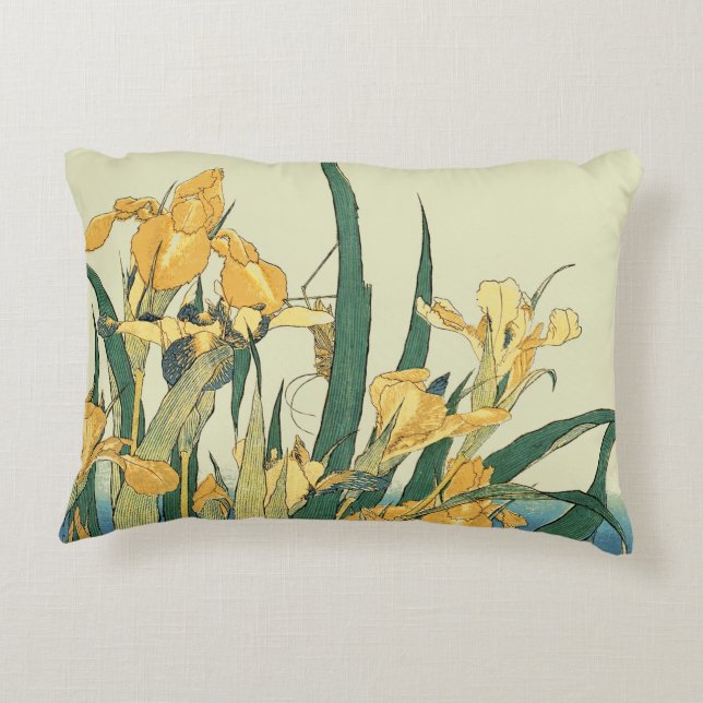 Hokusai Grasshopper Iris Vintage Print: Japanese Decorative Cushion (Back)