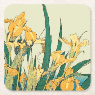 Hokusai Grasshopper Iris Vintage Print: Japanese Square Paper Coaster
