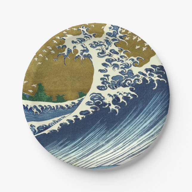 Hokusai Great Wave Pattern: Japanese Ukiyo-e Art Paper Plate (Front)
