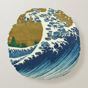 Hokusai Great Wave Pattern: Japanese Ukiyo-e Art Round Cushion