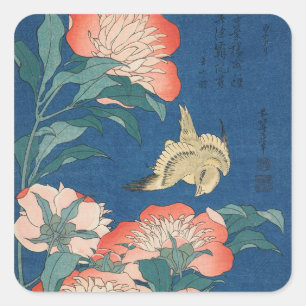 Hokusai Japanese Art Peonies and Canary Bird Square Sticker