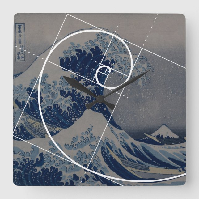 Hokusai Meets Fibonacci, Golden Ratio Square Wall Clock (Front)