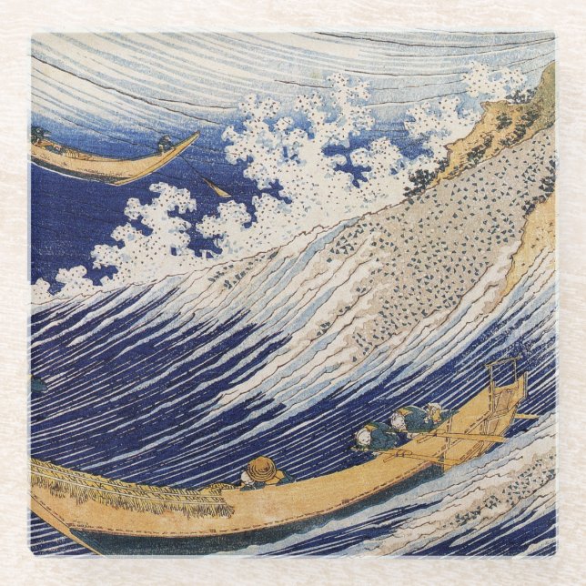 Hokusai Ocean Waves Sea Boats Glass Coaster (Front)