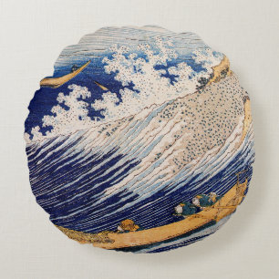 Hokusai Ocean Waves Sea Boats Round Cushion