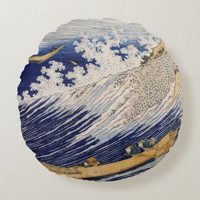 Hokusai Ocean Waves Sea Boats Round Cushion (Front)