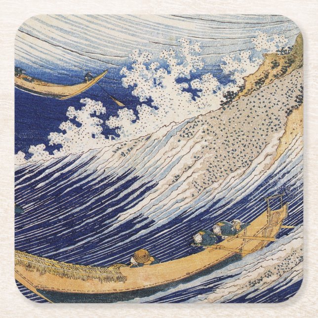 Hokusai Ocean Waves Sea Boats Square Paper Coaster (Front)