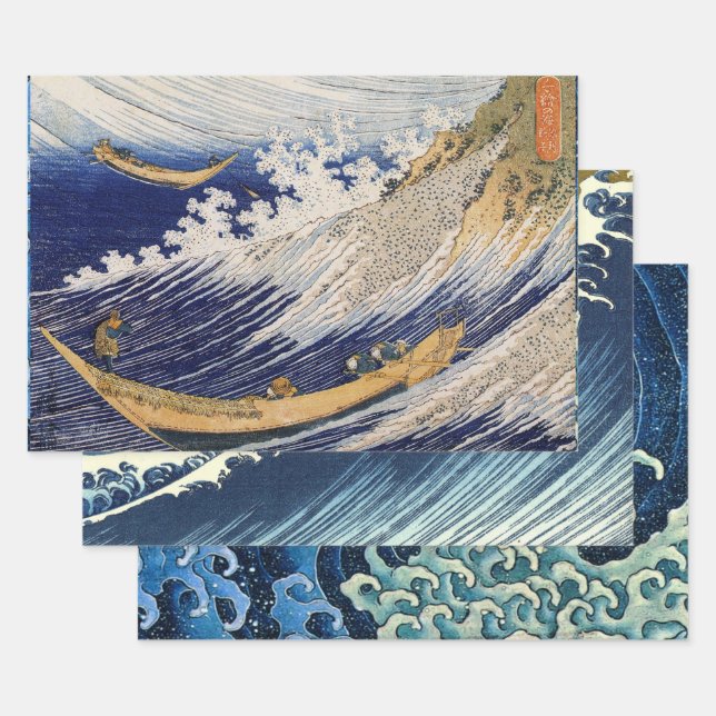 Hokusai Ocean Waves Sea Boats Wrapping Paper Sheet (Set)