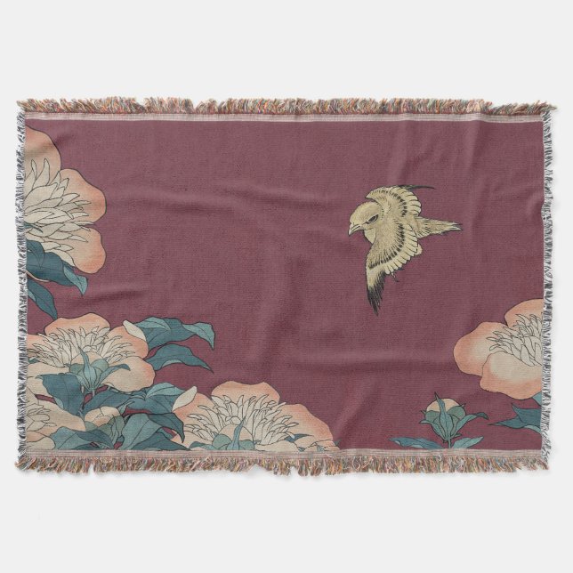 Hokusai Peonies and Canary Throw Blanket (Front)