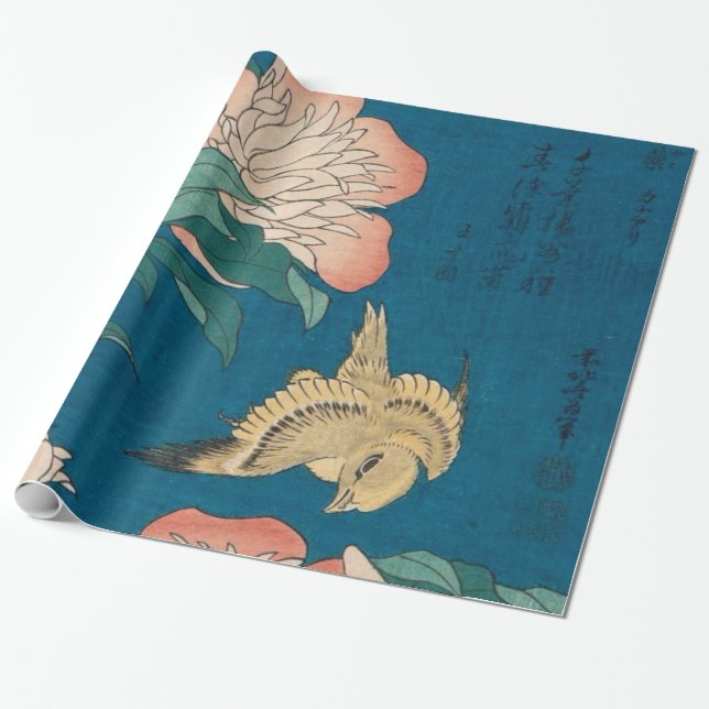 Hokusai Peonies and Canary Vintage GalleryHD Wrapping Paper (Unrolled)