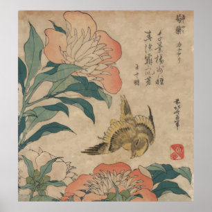 Hokusai Peony and Canary Poster