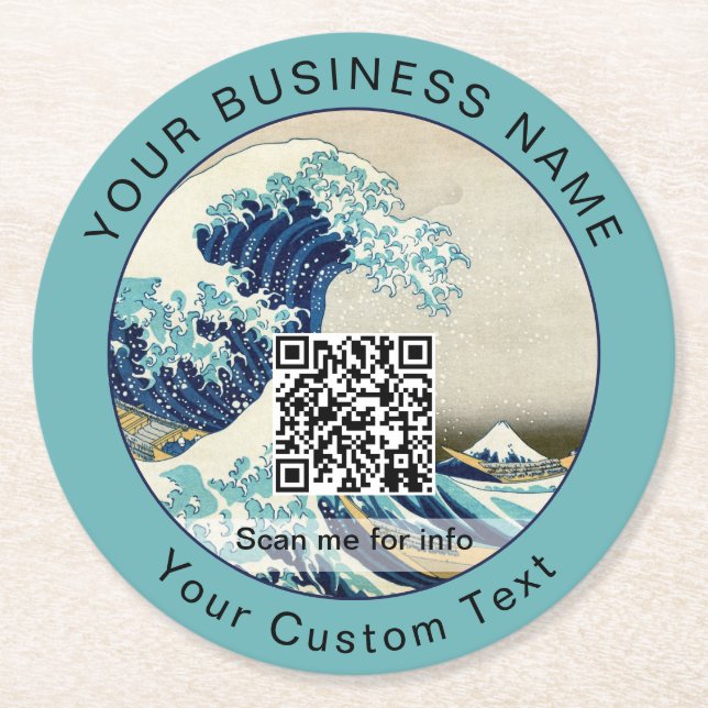 Hokusai - The Great Wave off Kanagawa - QR Code Round Paper Coaster (Front)