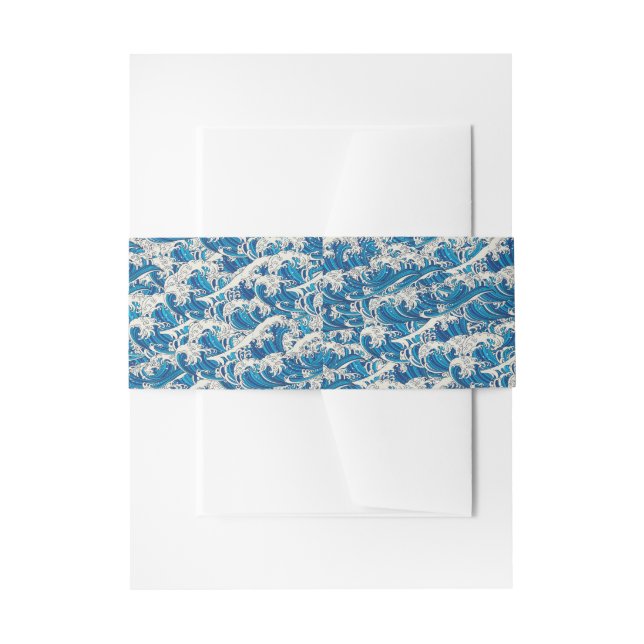 Hokusai the Great Wave Pattern Nautical Blue wave Invitation Belly Band (Front Example)