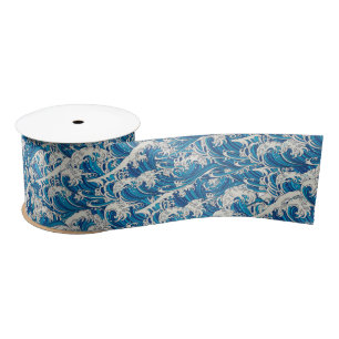 Hokusai the Great Wave Pattern Nautical Blue wave Satin Ribbon