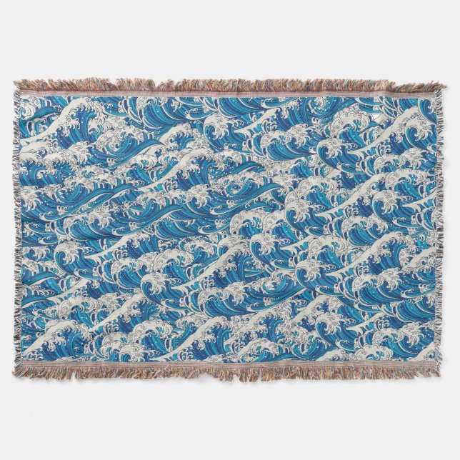 Hokusai the Great Wave Pattern Nautical Blue wave Throw Blanket (Front)