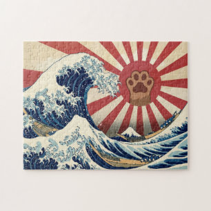 HOKUSAI "The Great Wave" & Rising Sun Flag & Cat Jigsaw Puzzle