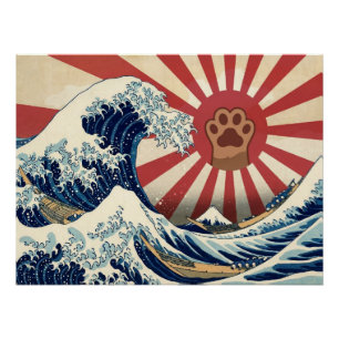 HOKUSAI "The Great Wave" & Rising Sun Flag & Cat Poster