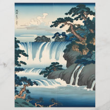 Hokusai Ukiyo-e Japanese Waterfall Landscape Blue 