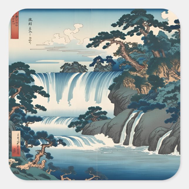 Hokusai Ukiyo-e Japanese Waterfall Landscape Blue  Square Sticker (Front)