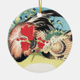 Hokusai Vintage Japanese Art Rooster Hen Flowers Ceramic Tree Decoration