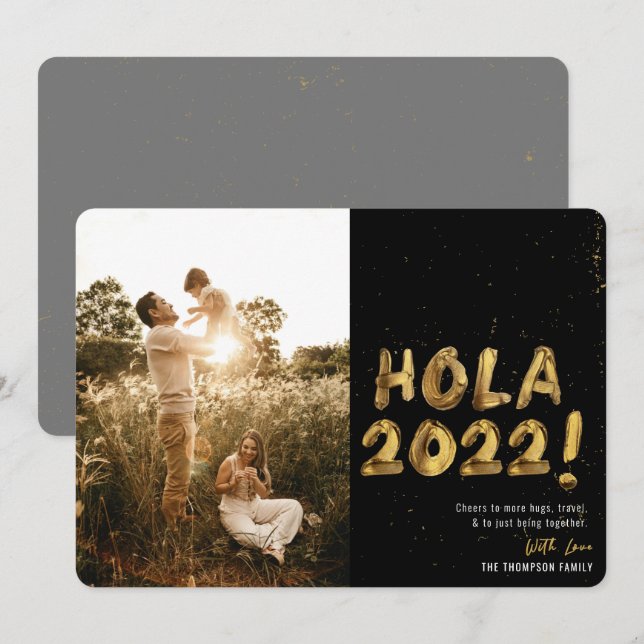 Hola 2022 Gold New Year Being Together Photo Holiday Card (Front/Back)