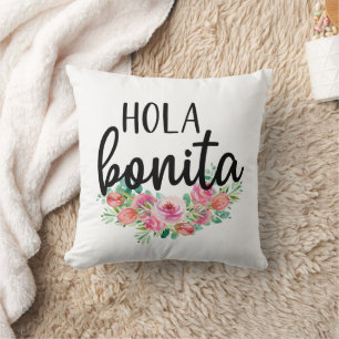 Hola Bonita Spanish Roses Typography Chic Modern Cushion