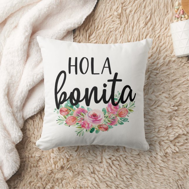 Hola Bonita Spanish Roses Typography Chic Modern Cushion (Blanket)