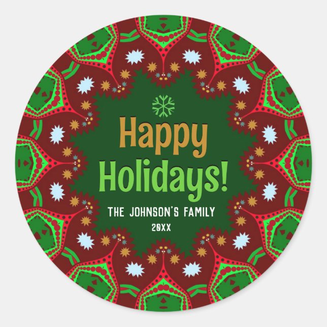 Hola Happy Holidays Geometric Mandala Classic Round Sticker (Front)