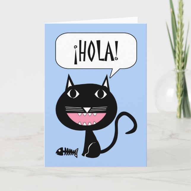 Hola, Hello Card in Spanish, Black Cat with Fish (Front)