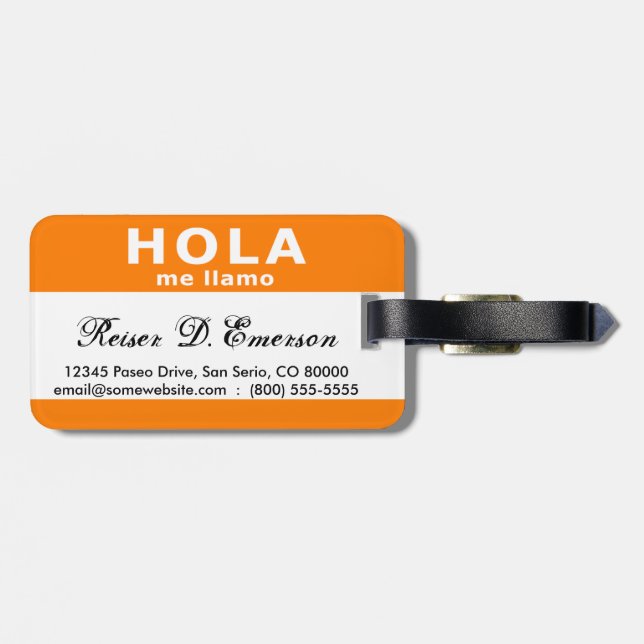 hola me llamo (orange) luggage tag (Back Horizontal)