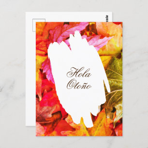 Hola Otoño Hello Fall Colourful Red Autumn Leaves Postcard