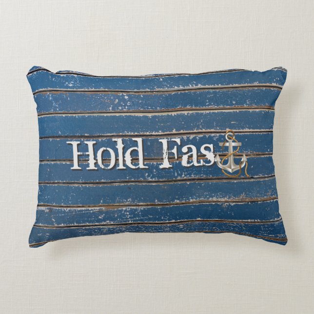 Hold Fast Anchor On Blue Wood Decorative Cushion (Front)