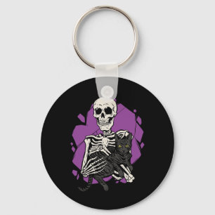 Holding A Black Cat Lazy Halloween Costume Skull Key Ring