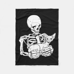 Holding Cat Funny Halloween Skull Sphynx Cat Fleece Blanket