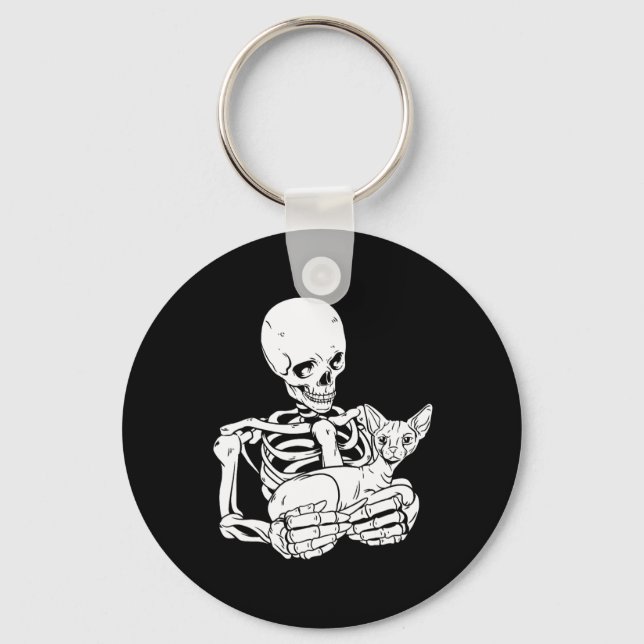Holding Cat Funny Halloween Skull Sphynx Cat  Key Ring (Front)